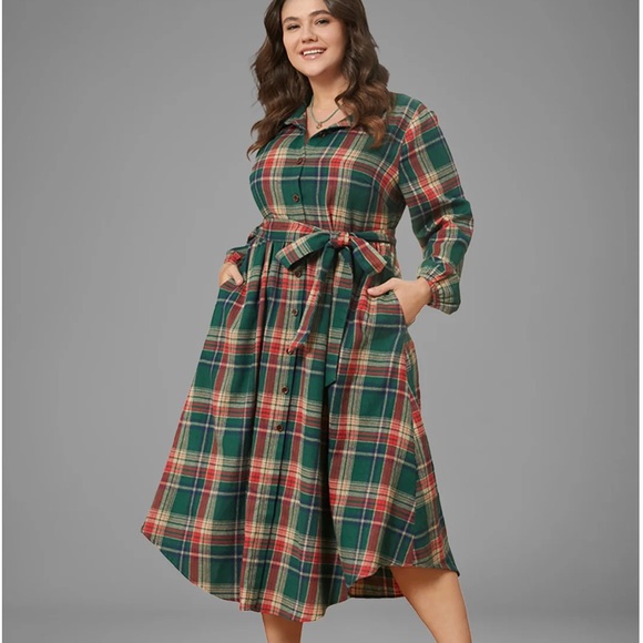 Bloomchic‎ Dress Womens US 26 Multicolor Plaid Midi  Long Sleeve Arc Hem Pockets - Picture 2 of 11